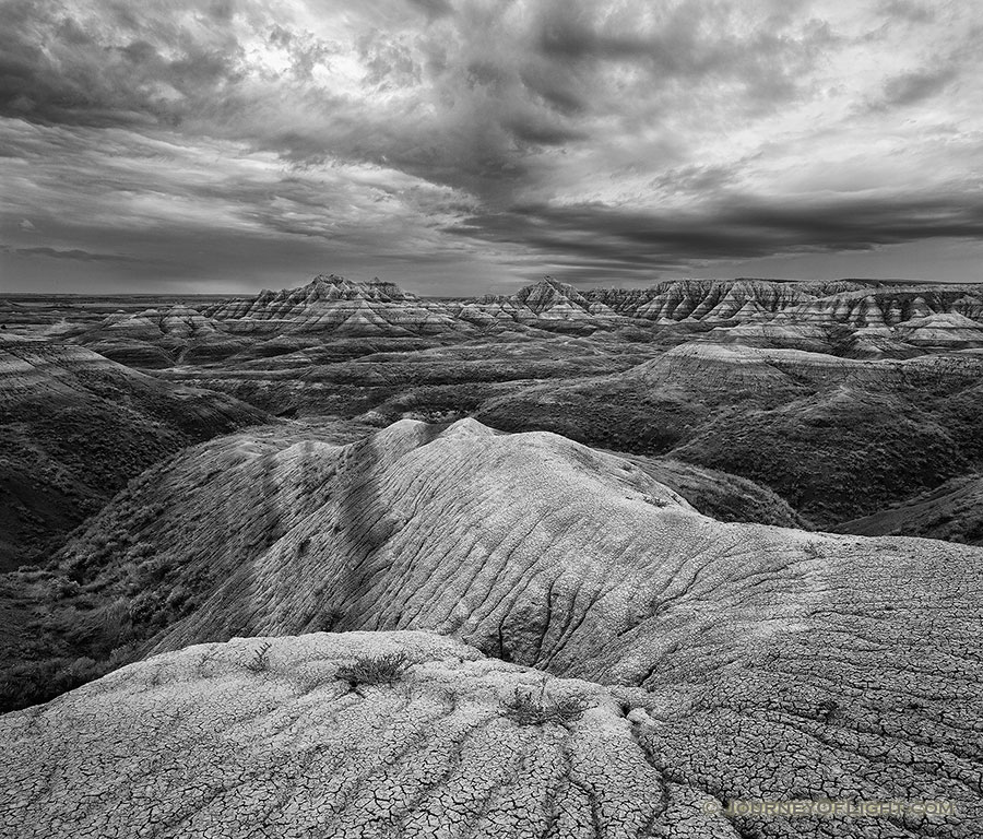 Rocks and formations under stormy skies in Badlands National Park, South Dakota. - South Dakota Photography