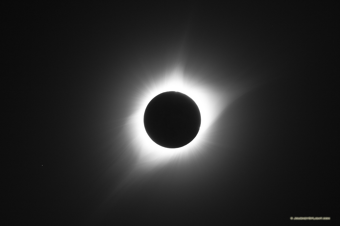 This is one of nature's most awe-inspiring shows, the total solar eclipse. Totality captured over Agate Fossil Beds National Monument in Northwestern Nebraska on a clear, beautiful day. Also known as the Eclipse of the Century.