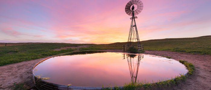 The western sky glows with beautiful pinks, purples, and oranges behind a windmill reflected in the full tank.