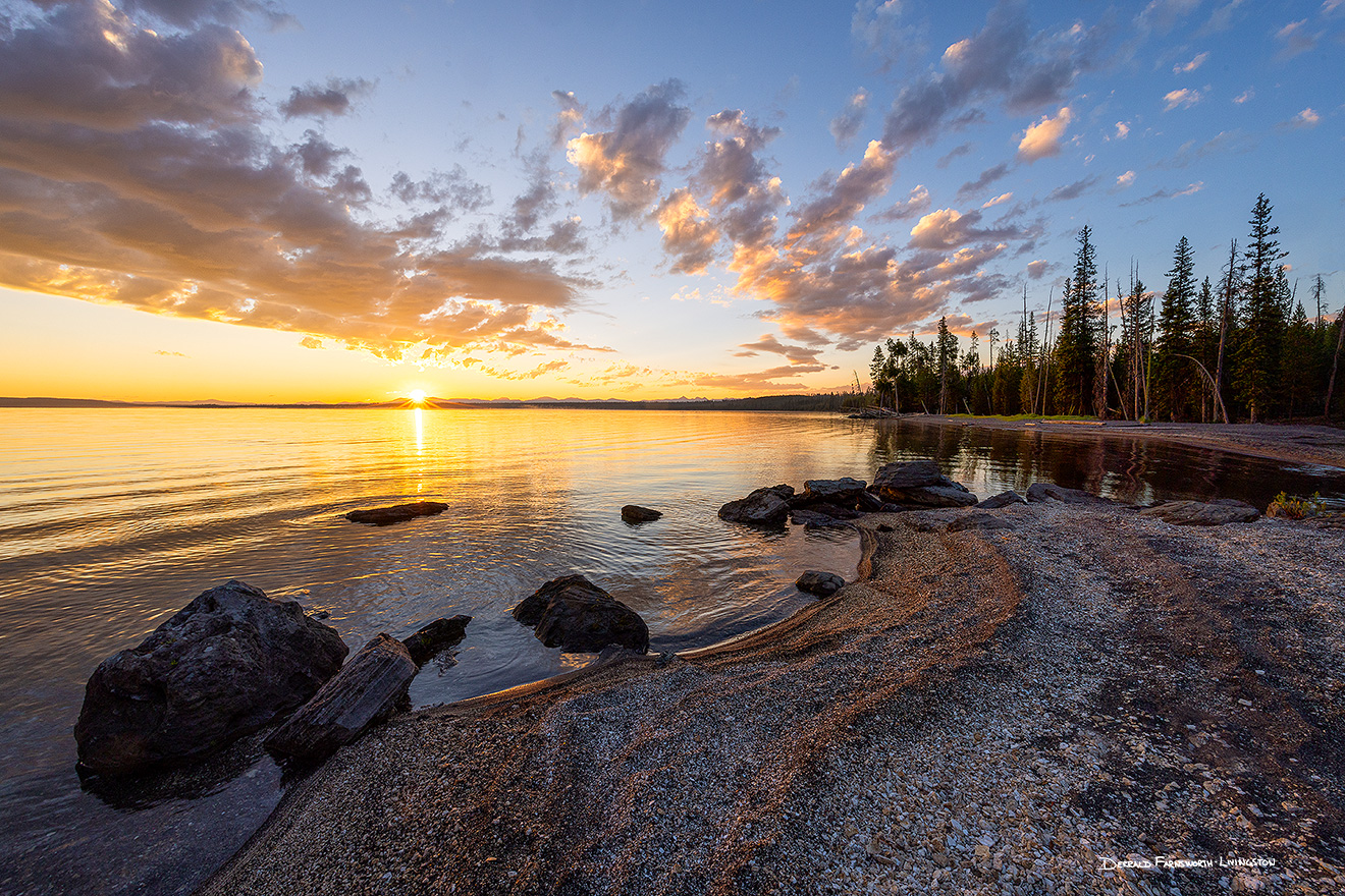 Scenic landscape photograph of a sunrise over Lake Yellowstone, Yellowstone National Park, Wyoming. - Yellowstone National Park Picture