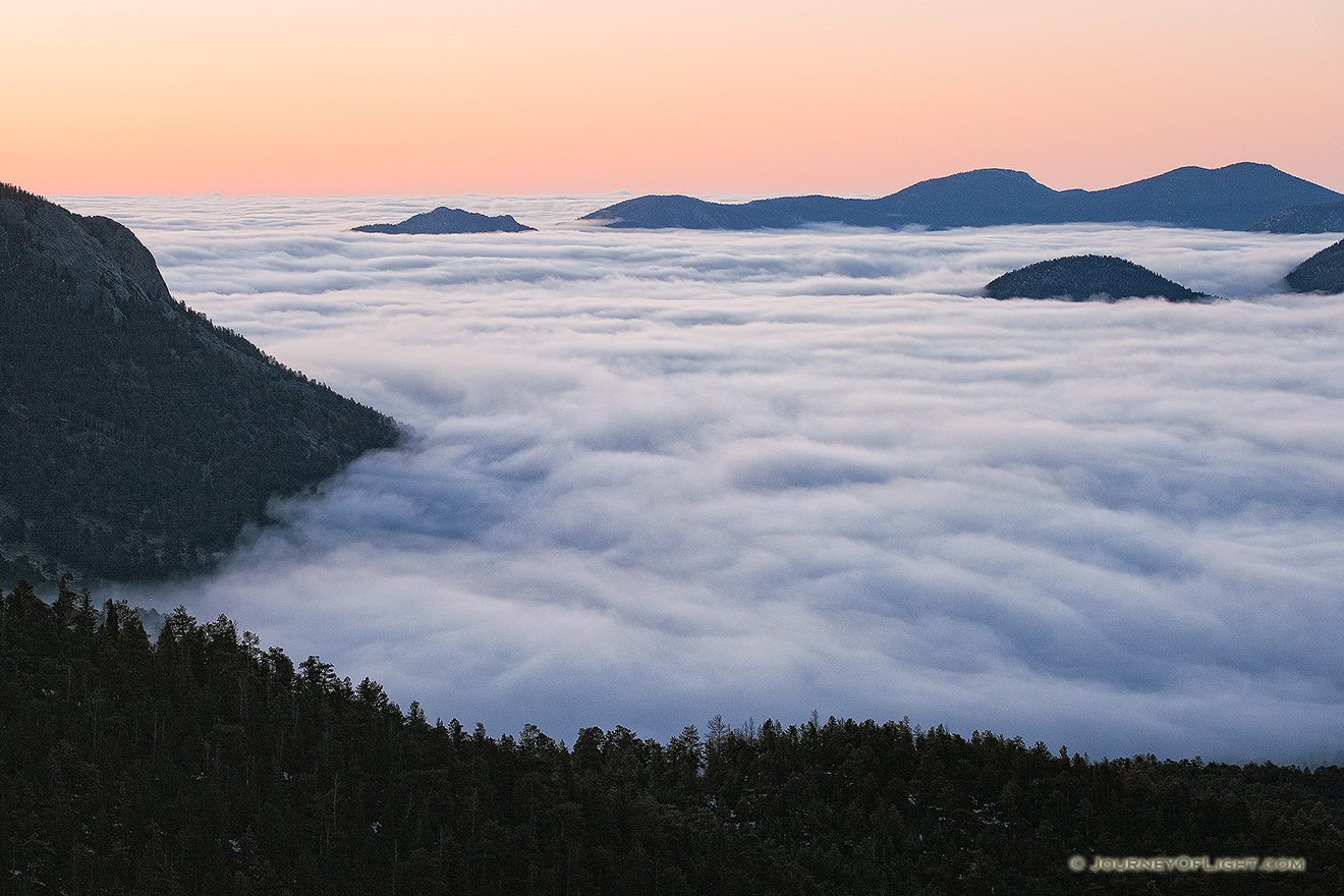 At Many Parks Curve, high in the park right before sunrise, fog rolls through Moraine Park in Rocky Mountain National Park, Colorado. - Rocky Mountain NP Picture