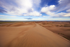 At Great Sand Dunes National Park and Preserve, dunes flow into the west as white clouds float high above. - Colorado Landscape Photograph