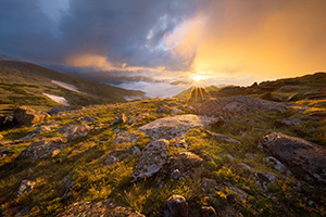 A photograph of a beautiful sunrise on the tundra landscape of Rocky Mountain National Park in Colorado. - Colorado Landscape Photograph