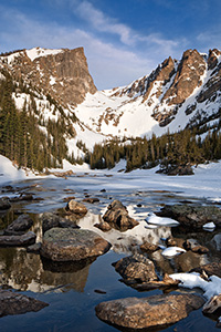 A snowy Dream Lake and Hallett Peak in Rocky Mountain National Park, Colorado. - Colorado Photograph