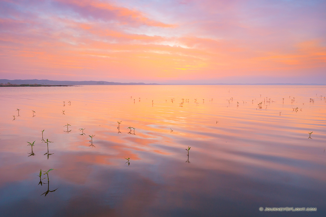 A scenic photograph of sunlight and clouds reflected in a lake in the Sandhills of Nebraska. - Valentine Picture