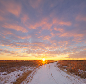 After a fresh snowfall the path through Boyer Chute is a white, pristine trail leading to the recently risen sun. - Nebraska Landscape Photograph