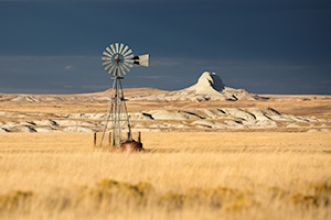 Scenic landscape panoramic photograph of a windmill and Sugarloaf Butte at Oglala National Grasslands. - Nebraska Photograph