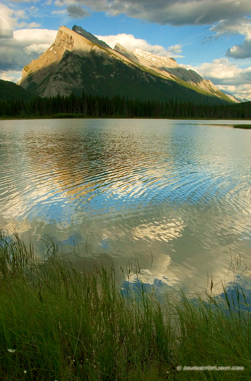 Mt. Rundle and the reflecting pools near the township of Banff at sunset. - Banff Picture
