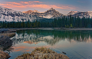 The morning sun hits the Mt. Lauriet near an Oxbow of the Mistaya River in Banff National Park. - Canada Photograph