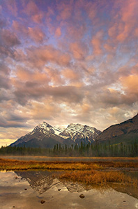 The first light illuminates the clouds above mountains on the Kootenay plains in Alberta, Canada. - Canada Photograph