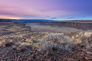Frechman Coulee in the Columbia River Basin Wildlife Area central Washington is a popular destination for hikers and climbers.  On an unseasonably warm February evening I waited as the sun descended in the distance causing the landscape to be cast in cool purple and blue hues. - Pacific Photograph