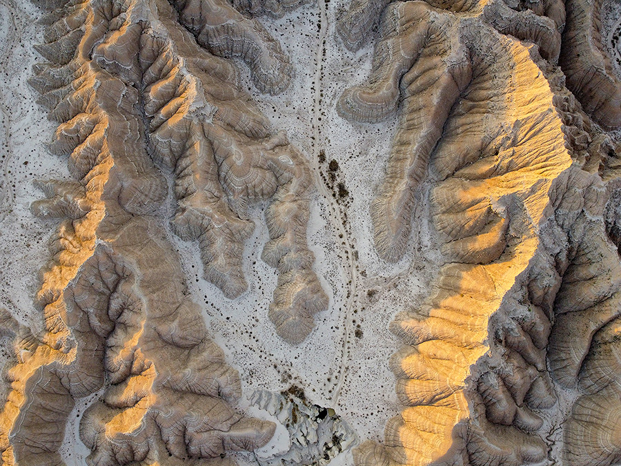 An abstract drone landscape photograph of the badlands Toadstool Geologic Park in western Nebraska. - Nebraska Photography