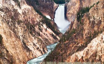 The Yellowstone River tumbles 308 feet into the Grand Canyon of the Yellowstone, the largest major waterfall by volume in the Rocky Mountains.