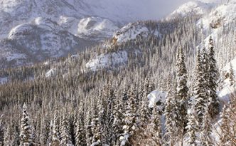 On the trail to Dream Lake, Long's Peak is obscured, encased in blowing snow and clouds in Rocky Mountain National Park, Colorado.