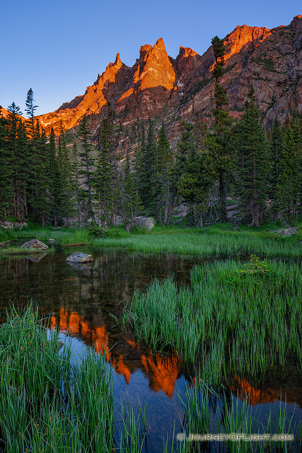 I've hiked several times to beautiful Emerald Lake in Rocky Mountain National Park. On this excursion, I decided to go off the beaten path a bit and follow the stream that flows out of the lake. I was rewarded with a beautiful sunrise on Flattop reflected in this verdant little marshy area.