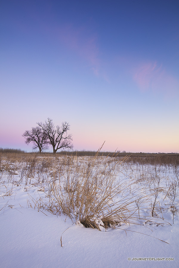 On a cold, winter day, dusk falls upon the prairie at Boyer Chute National Wildlife Refuge in eastern Nebraska.