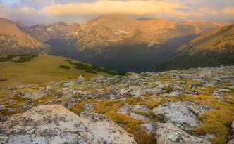 The first light of day illuminates Terra Tomah mountain in Rocky Mountain National Park, Colorado.