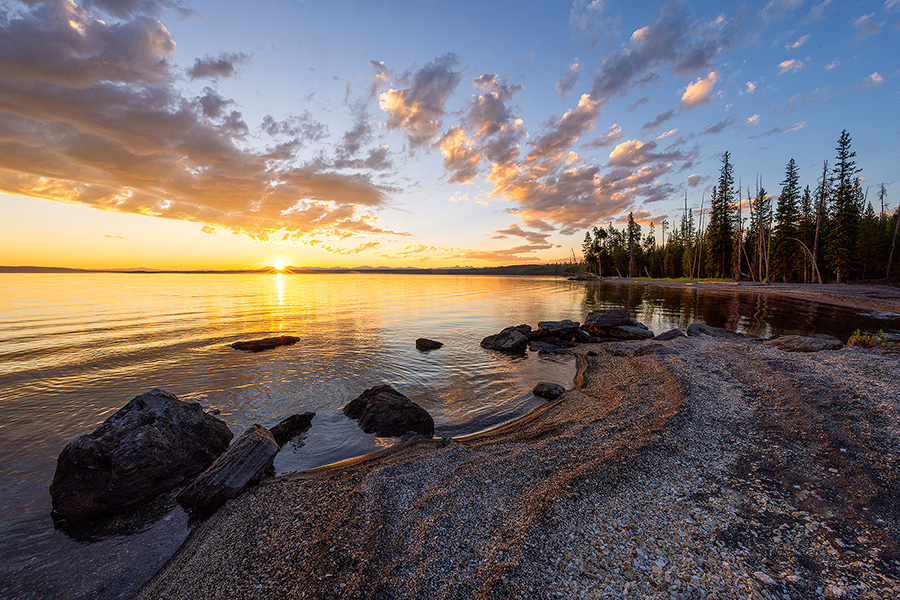 Scenic landscape photograph of a sunrise over Lake Yellowstone, Yellowstone National Park, Wyoming. - Yellowstone National Park Photography