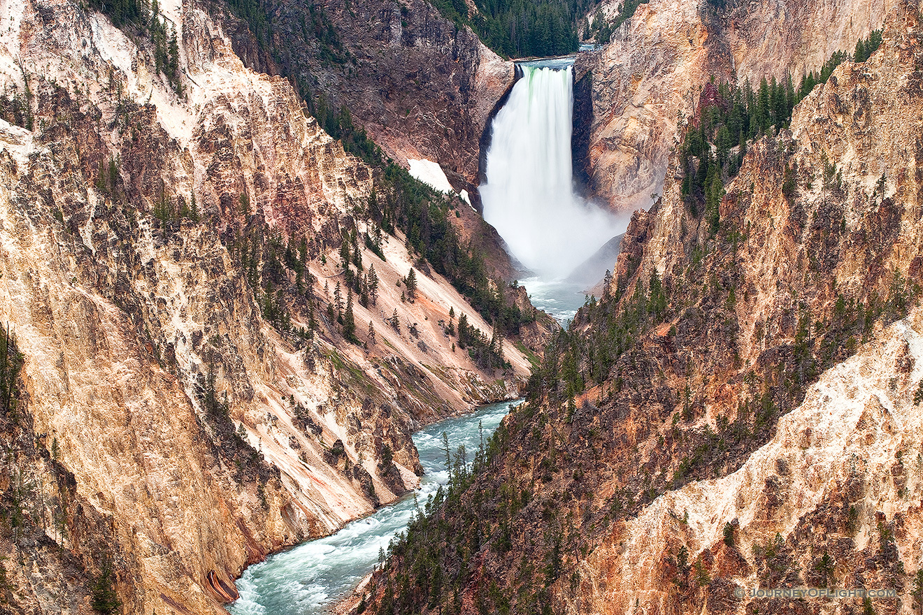 The Yellowstone River tumbles 308 feet into the Grand Canyon of the Yellowstone, the largest major waterfall by volume in the Rocky Mountains. - Yellowstone National Park Photograph Picture