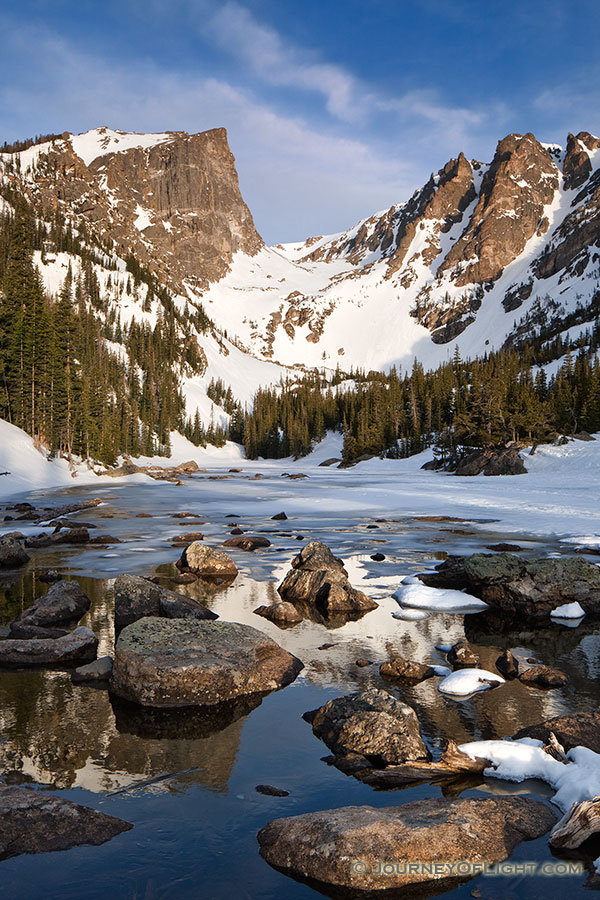 A snowy Dream Lake and Hallett Peak in Rocky Mountain National Park, Colorado. - Rocky Mountain NP Photography