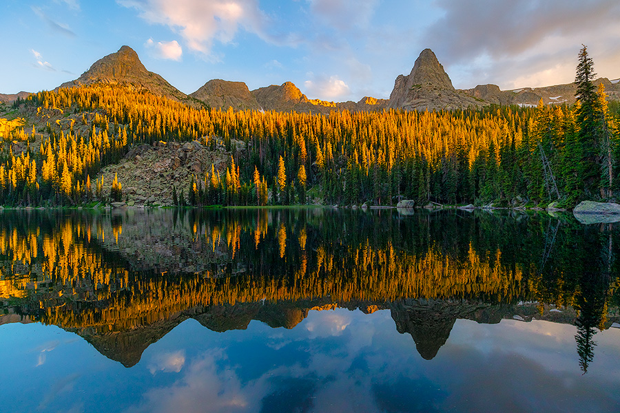 Landscape photograph of sunset on Spirit Lake in Rocky Mountain National Park, Colorado. - Colorado Photography