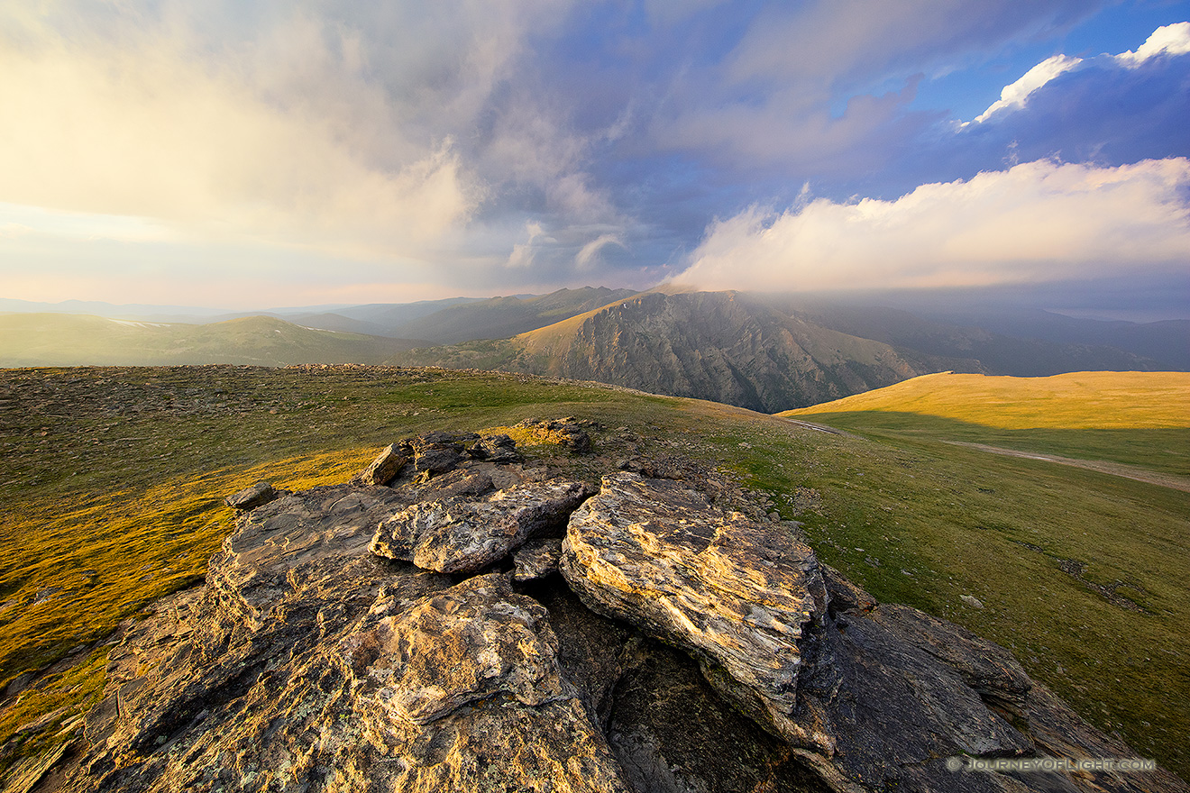For almost an hour I watched as the clouds danced along the tops of the Mummy Range in the northern area of Rocky Mountain National Park.  The sun slowly set in the west casting long shadows along the tundra. - Colorado Photography