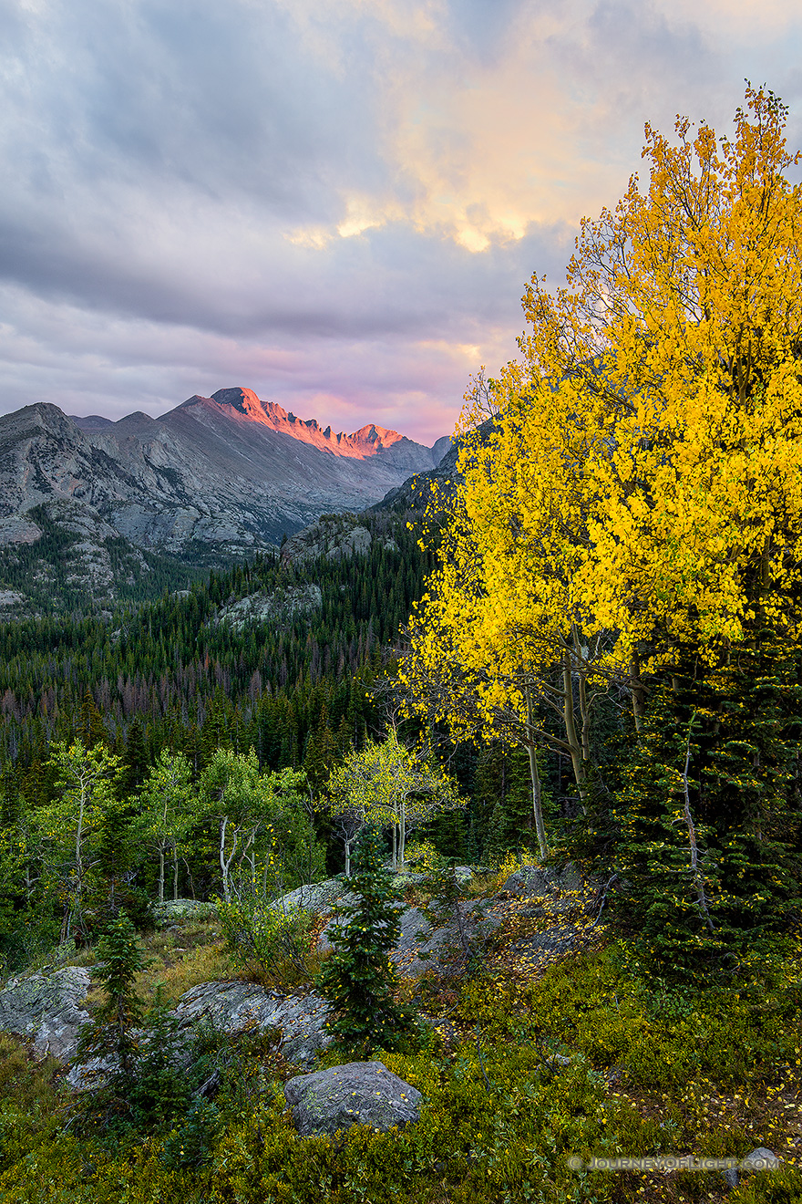After a brief rainfall, on a cool autumn evening the last  bit of sun illuminates the peak of Longs Peak in Rocky Mountain National Park. - Colorado Picture
