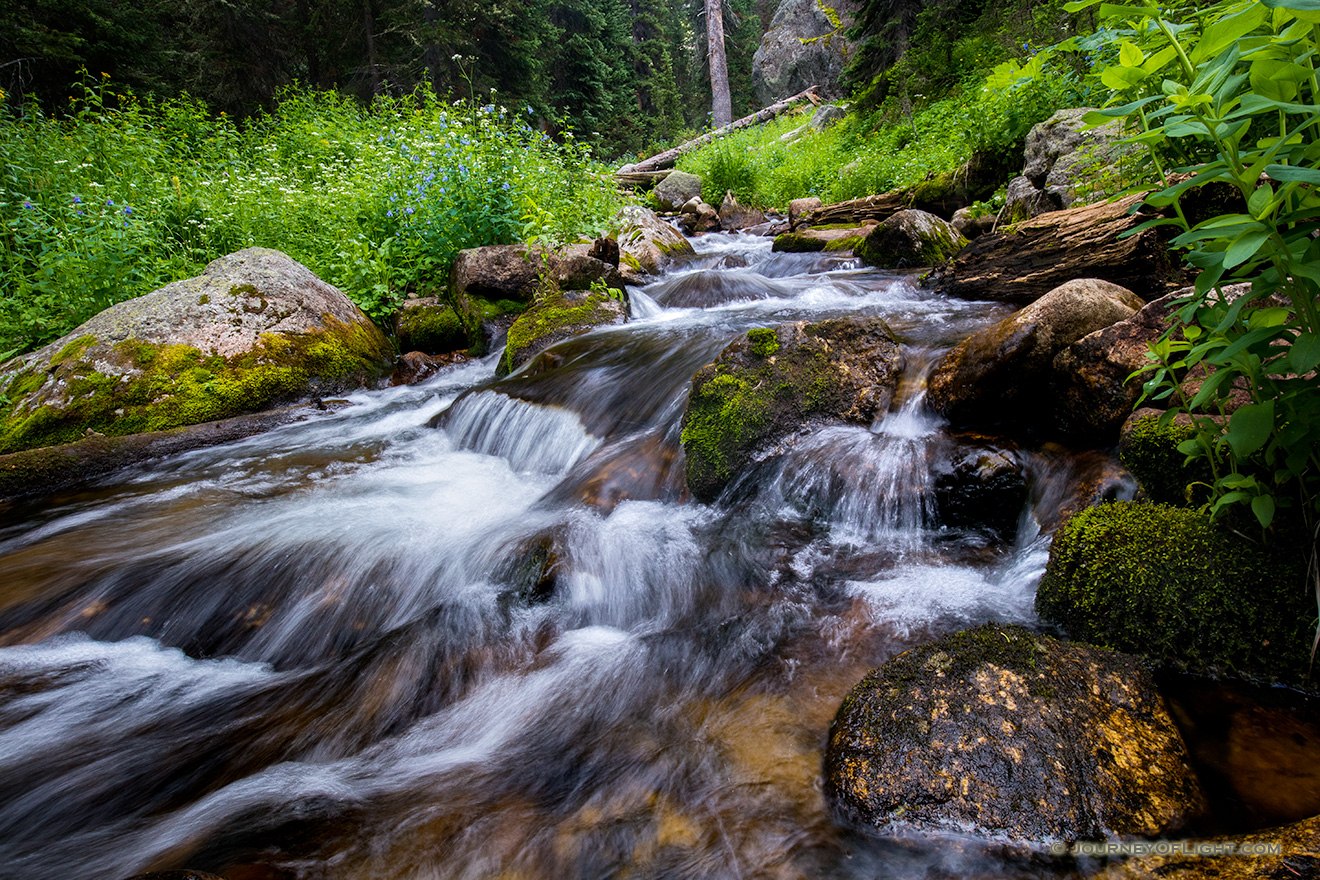 Scenic landscape photograph of cascades found just below Fourth Lake in the backcountry of Rocky Mountain. - Colorado Picture