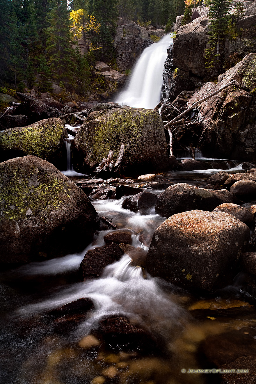 A popular hiking destination, Alberta falls at Rocky Mountain National Park roars downhill. - Rocky Mountain NP Picture