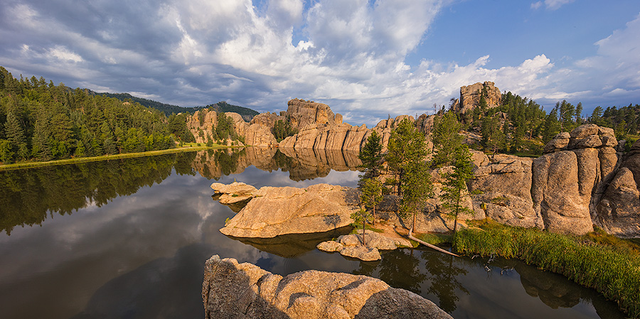 A panoramic photograph of Sylvan Lake in Custer State Park, South Dakota. - South Dakota Photography