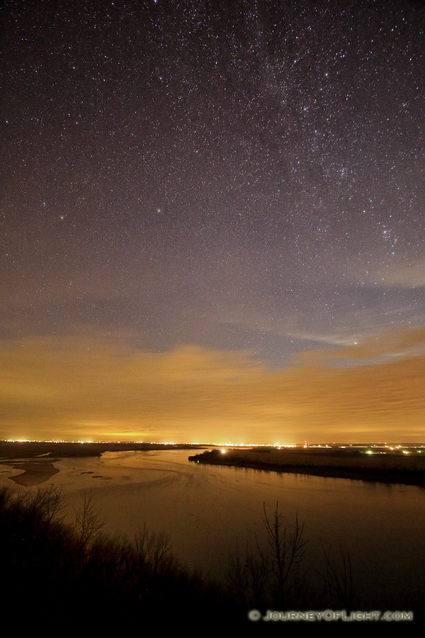 Stars shine brightly above the Missouri River at the Tri-State Overlook at Ponca State Park. - Ponca SP Photography