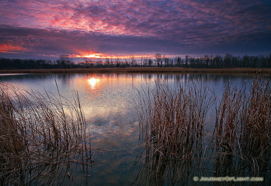 On a late fall morning, the sun rises slowly over DeSoto Lake at DeSoto National Wildlife Refuge. - DeSoto Photography