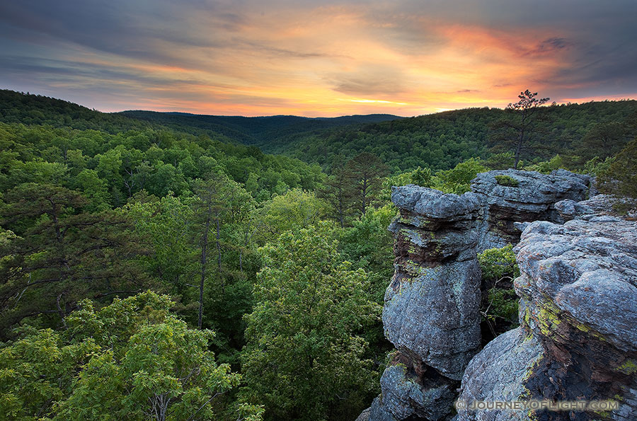 The last light of evening illuminates the clouds on the Kings Bluff trail in the Ozarks in Arkansas. - Arkansas Photography