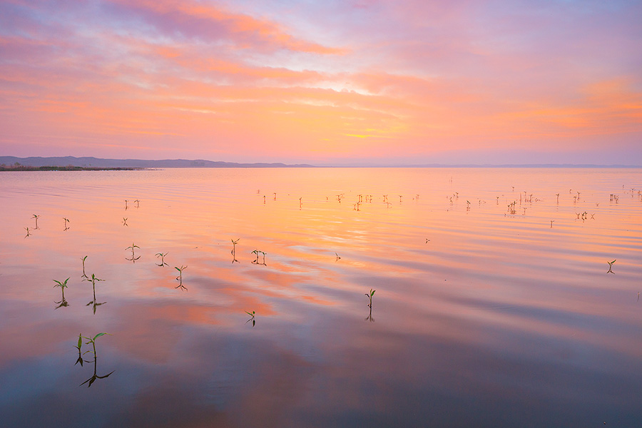 A scenic photograph of sunlight and clouds reflected in a lake in the Sandhills of Nebraska. - Valentine Photography