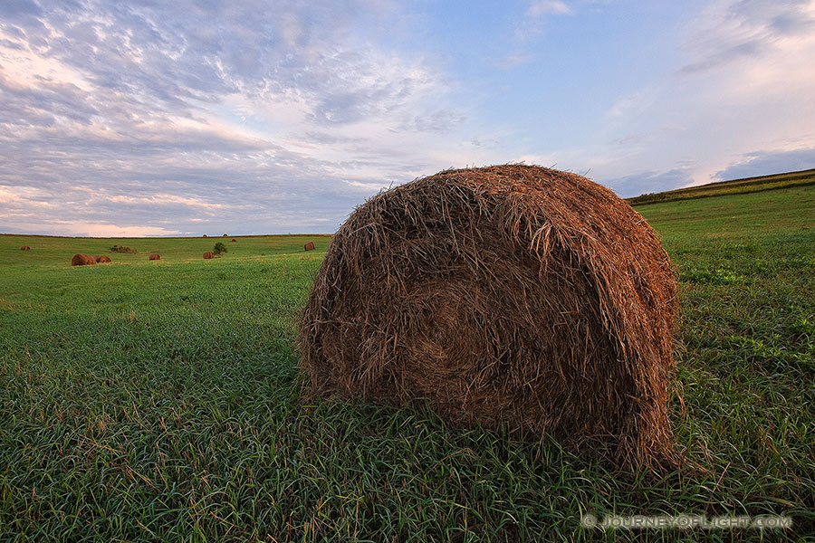 On a cool, early summer's morning, dew and sunlight kiss recently baled hay on a field in northwestern Nebraska. - Nebraska Photography