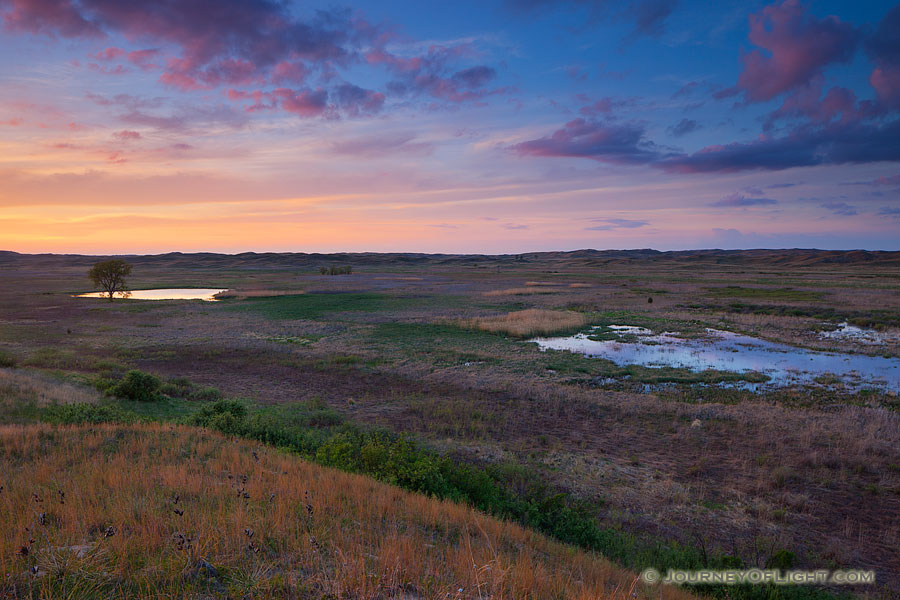 As twilight approaches, clouds float lazily above Valentine National Wildlife Refuge and reflect the pinks and purples of sunset. - Valentine Photography