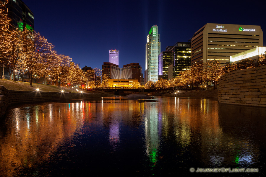 The Holiday Lights Festival in Downtown Omaha with thousands of holiday lights in the downtown area around Gene Leahy Mall. - Omaha Photography