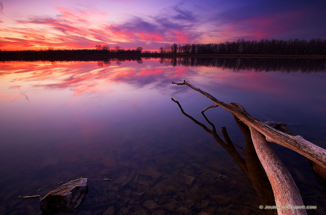 As the sun sets at DeSoto Bend National Wildlife Refuge the sky seems to light on fire.  This photograph was captured on a brisk, early spring evening, the remaining clouds streaked across the sky and reflected the colors of the setting sun. - DeSoto Picture