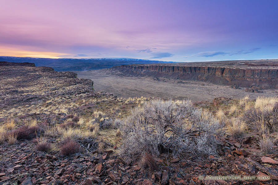 Frechman Coulee in the Columbia River Basin Wildlife Area central Washington is a popular destination for hikers and climbers.  On an unseasonably warm February evening I waited as the sun descended in the distance causing the landscape to be cast in cool purple and blue hues. - Pacific Northwest Photography